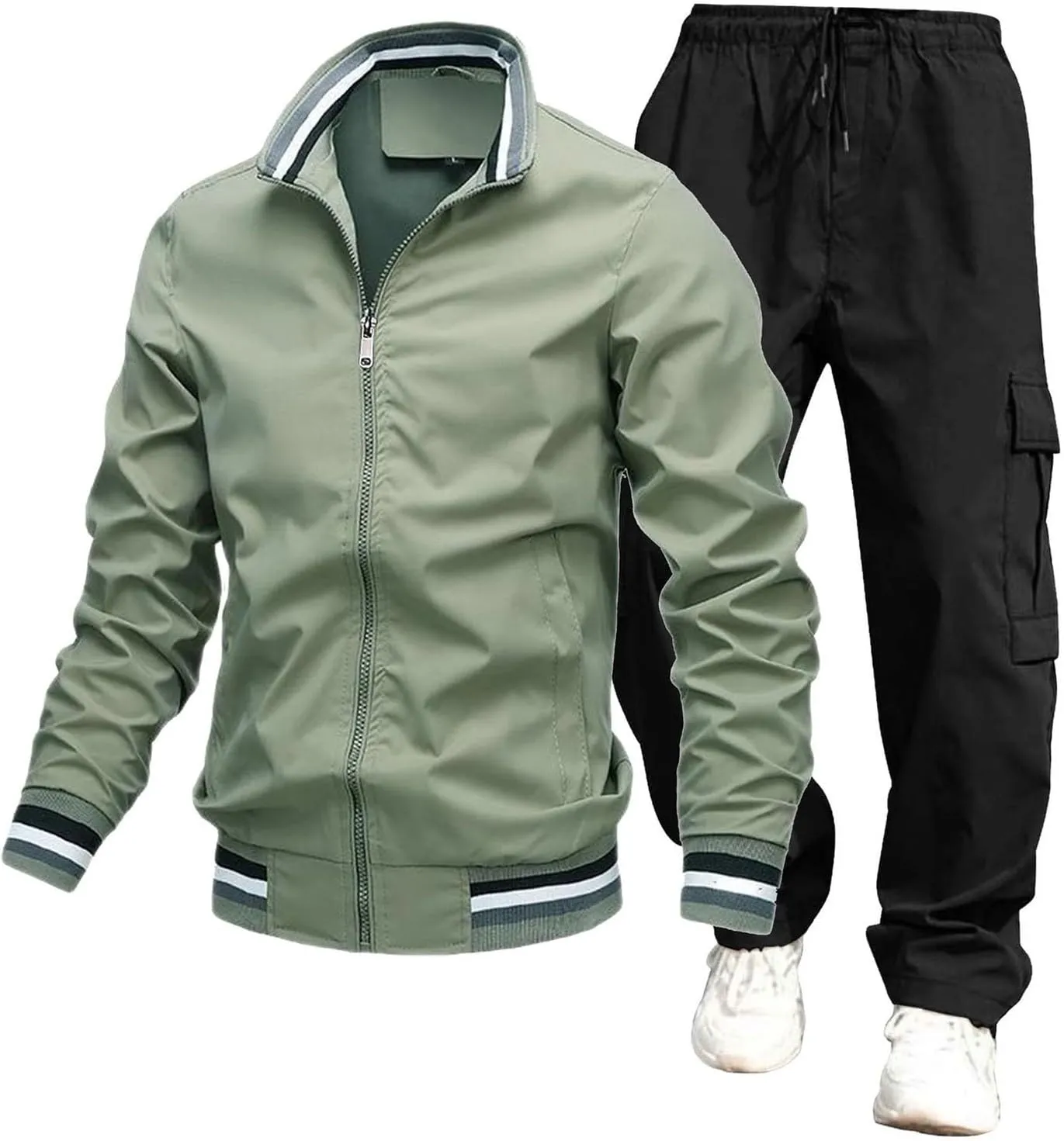 Mens Jacket Overalls 2 Piece Stand Collar Zipper Long Sleeve Jacket Trousers Spring Fall Casual Sport Set with Pocket