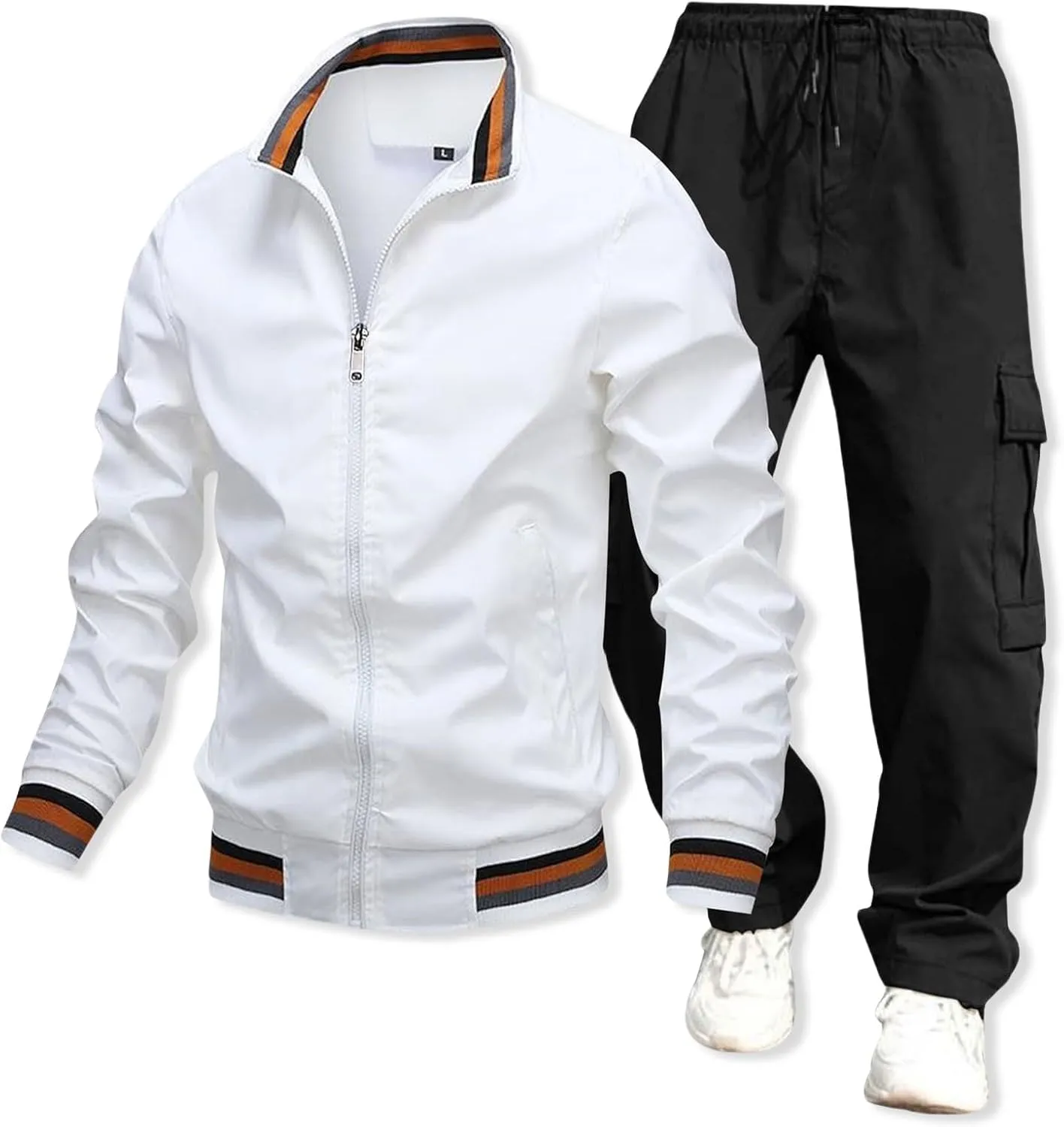 Mens Jacket Overalls 2 Piece Stand Collar Zipper Long Sleeve Jacket Trousers Spring Fall Casual Sport Set with Pocket
