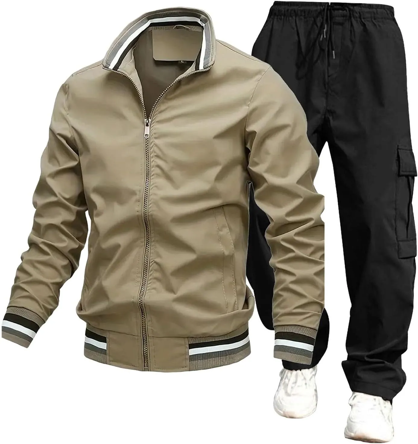 Mens Jacket Overalls 2 Piece Stand Collar Zipper Long Sleeve Jacket Trousers Spring Fall Casual Sport Set with Pocket