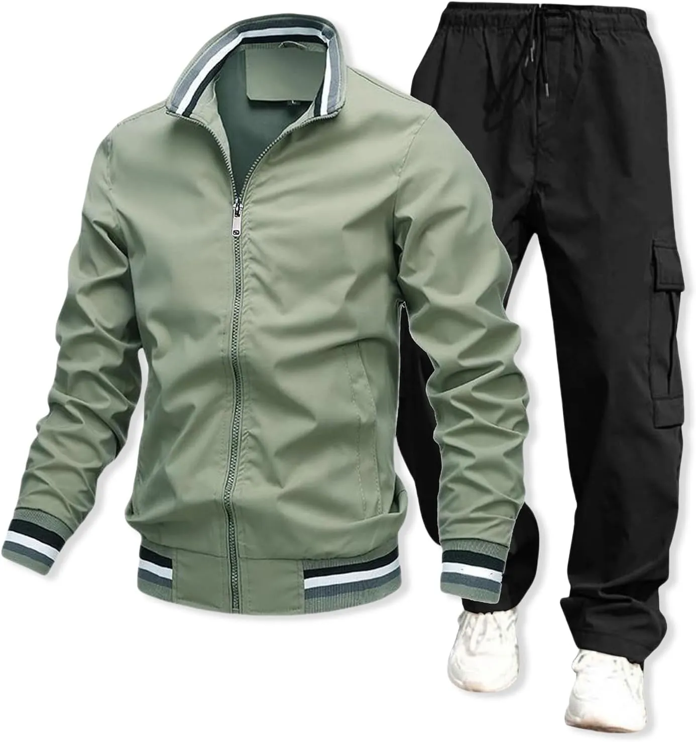 Mens Jacket Overalls 2 Piece Stand Collar Zipper Long Sleeve Jacket Trousers Spring Fall Casual Sport Set with Pocket