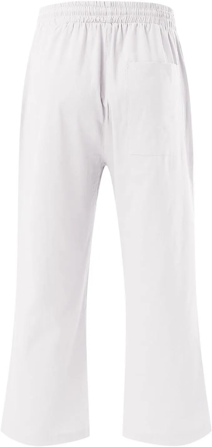 Mens Linen Capri Pants Casual Lightweight Baggy 3/4 Pants Drawstring Elastic Waist Cropped Trousers Beach Yoga Shorts Pockets