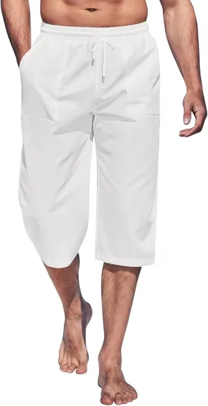 Mens Linen Capri Pants Casual Lightweight Baggy 3/4 Pants Drawstring Elastic Waist Cropped Trousers Beach Yoga Shorts Pockets