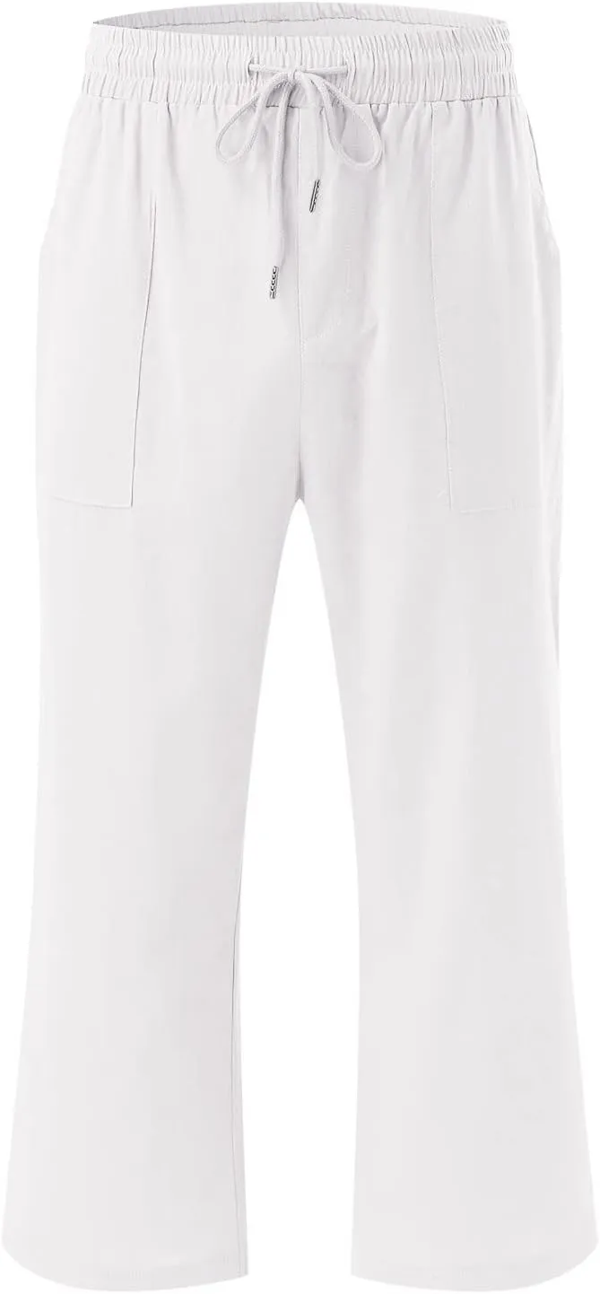 Mens Linen Capri Pants Casual Lightweight Baggy 3/4 Pants Drawstring Elastic Waist Cropped Trousers Beach Yoga Shorts Pockets