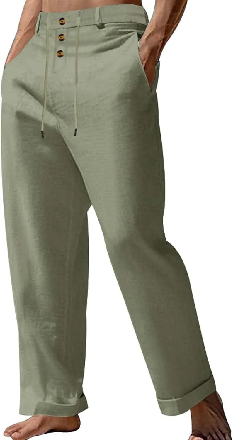 Men's Linen Drawstring Pants Lightweight Flat Front Button Summer Pant Regular Fit Beach Office Business Trousers