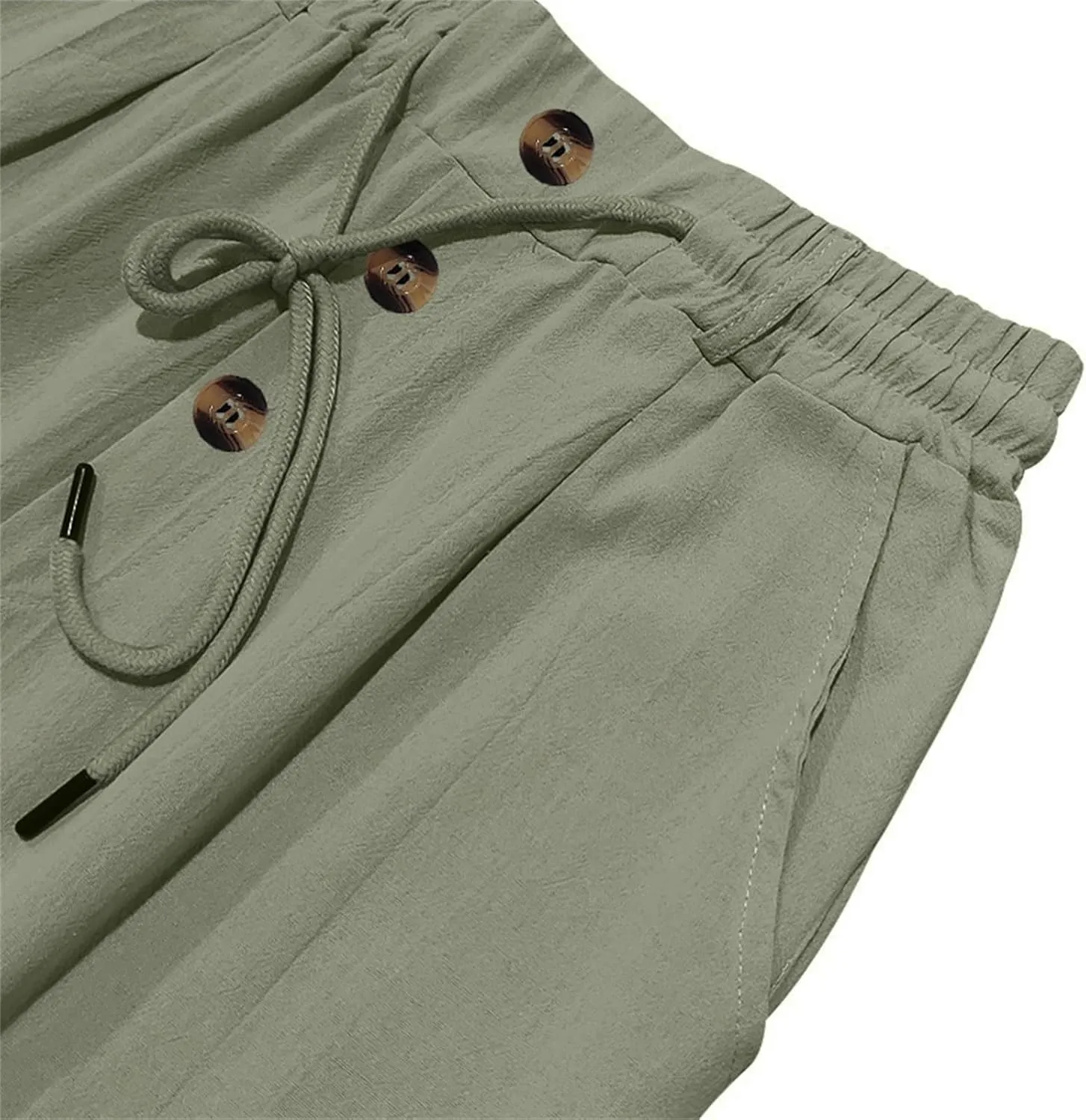 Men's Linen Drawstring Pants Lightweight Flat Front Button Summer Pant Regular Fit Beach Office Business Trousers