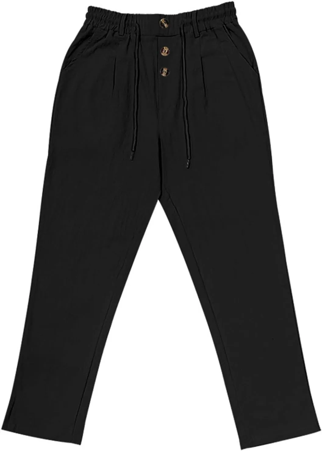Men's Linen Drawstring Pants Lightweight Flat Front Button Summer Pant Regular Fit Beach Office Business Trousers