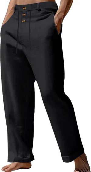 Men's Linen Drawstring Pants Lightweight Flat Front Button Summer Pant Regular Fit Beach Office Business Trousers