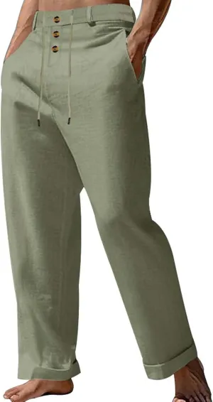 Men's Linen Drawstring Pants Lightweight Flat Front Button Summer Pant Regular Fit Beach Office Business Trousers