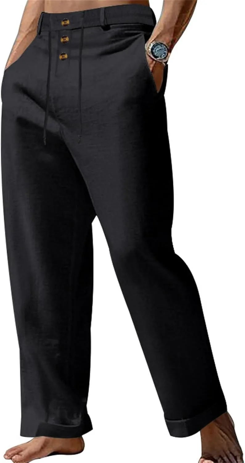 Men's Linen Drawstring Pants Lightweight Flat Front Button Summer Pant Regular Fit Beach Office Business Trousers