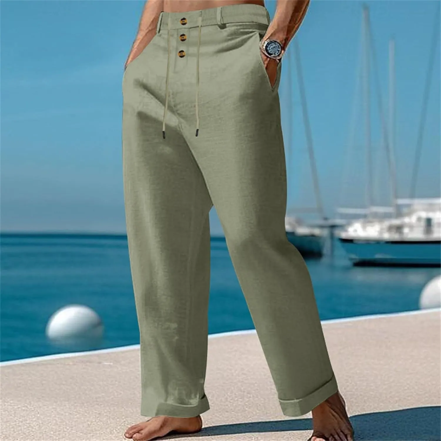 Men's Linen Drawstring Pants Lightweight Flat Front Button Summer Pant Regular Fit Beach Office Business Trousers