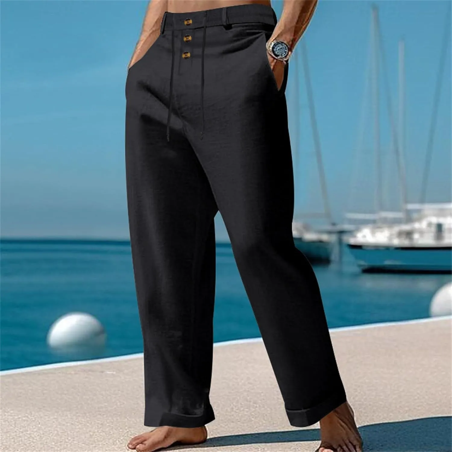 Men's Linen Drawstring Pants Lightweight Flat Front Button Summer Pant Regular Fit Beach Office Business Trousers