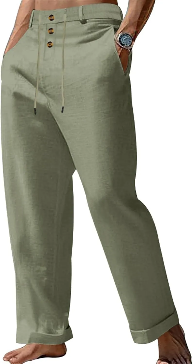 Men's Linen Drawstring Pants Lightweight Flat Front Button Summer Pant Regular Fit Beach Office Business Trousers
