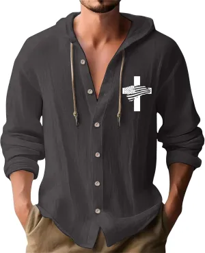 Men's Linen Independence Day Hoodies American Flag Print Button Up Shirt Drawstring Fashion Loose Fit Casual Patriotic Tops