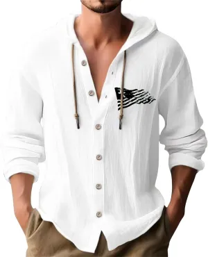 Men's Linen Independence Day Hoodies American Flag Print Button Up Shirt Drawstring Fashion Loose Fit Casual Patriotic Tops