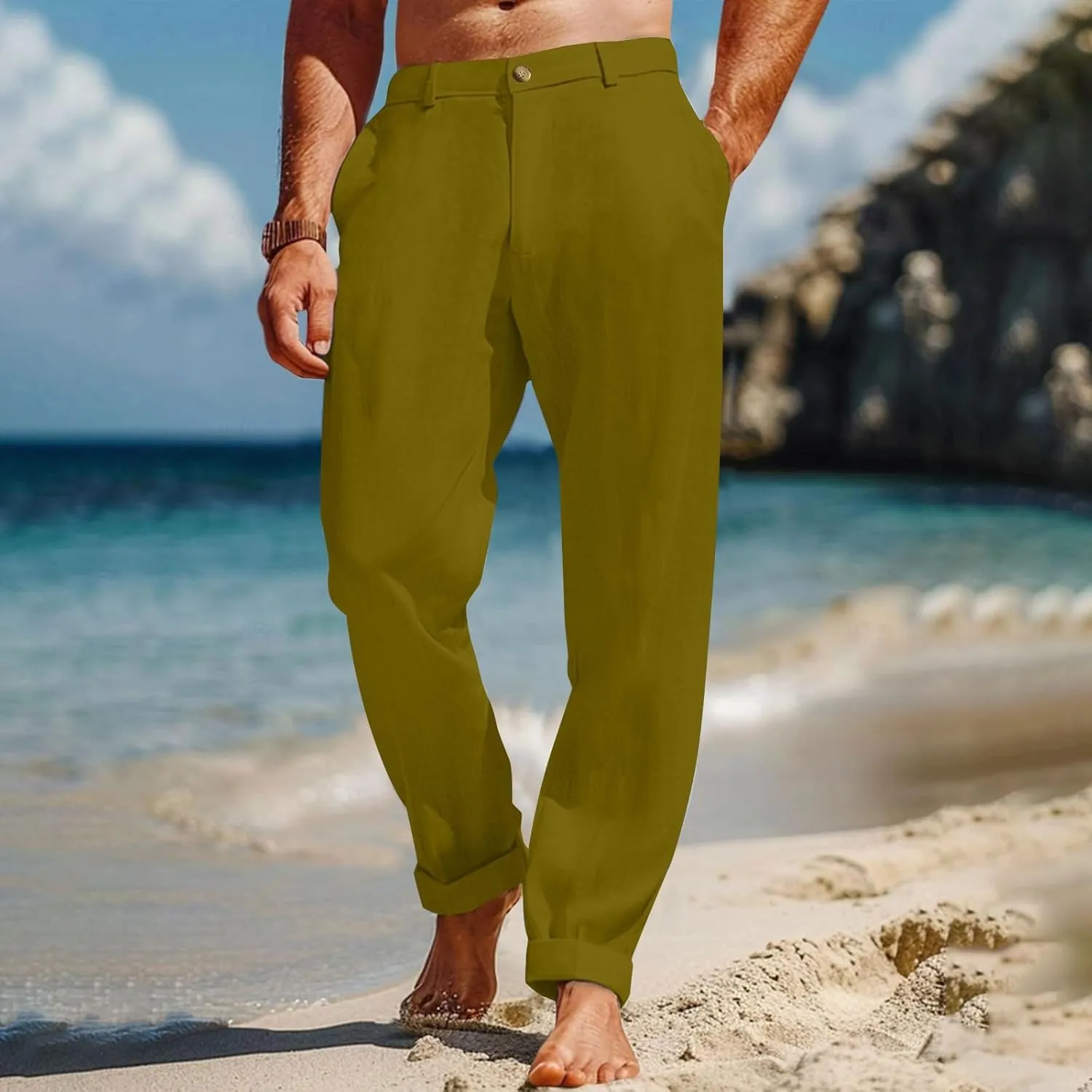 Men's Linen Pants Loose Fit Casual Summer Office Business Dress Pant Lightweight Baggy Beach Plain Vacation Trousers