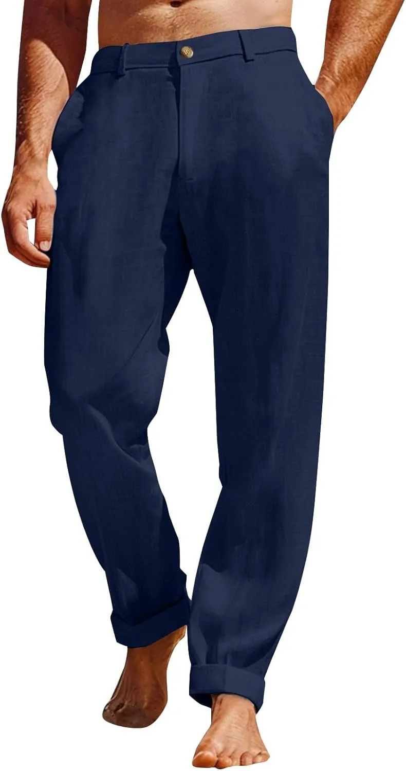 Men's Linen Pants Loose Fit Casual Summer Office Business Dress Pant Lightweight Baggy Beach Plain Vacation Trousers