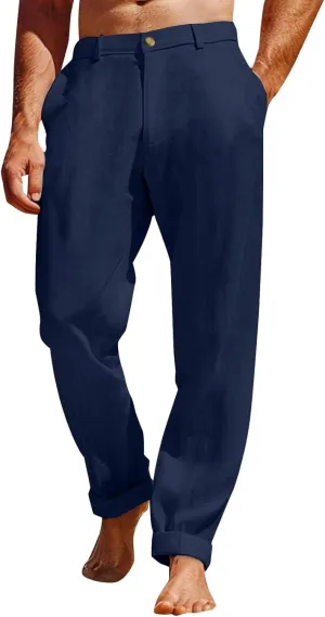 Men's Linen Pants Loose Fit Casual Summer Office Business Dress Pant Lightweight Baggy Beach Plain Vacation Trousers