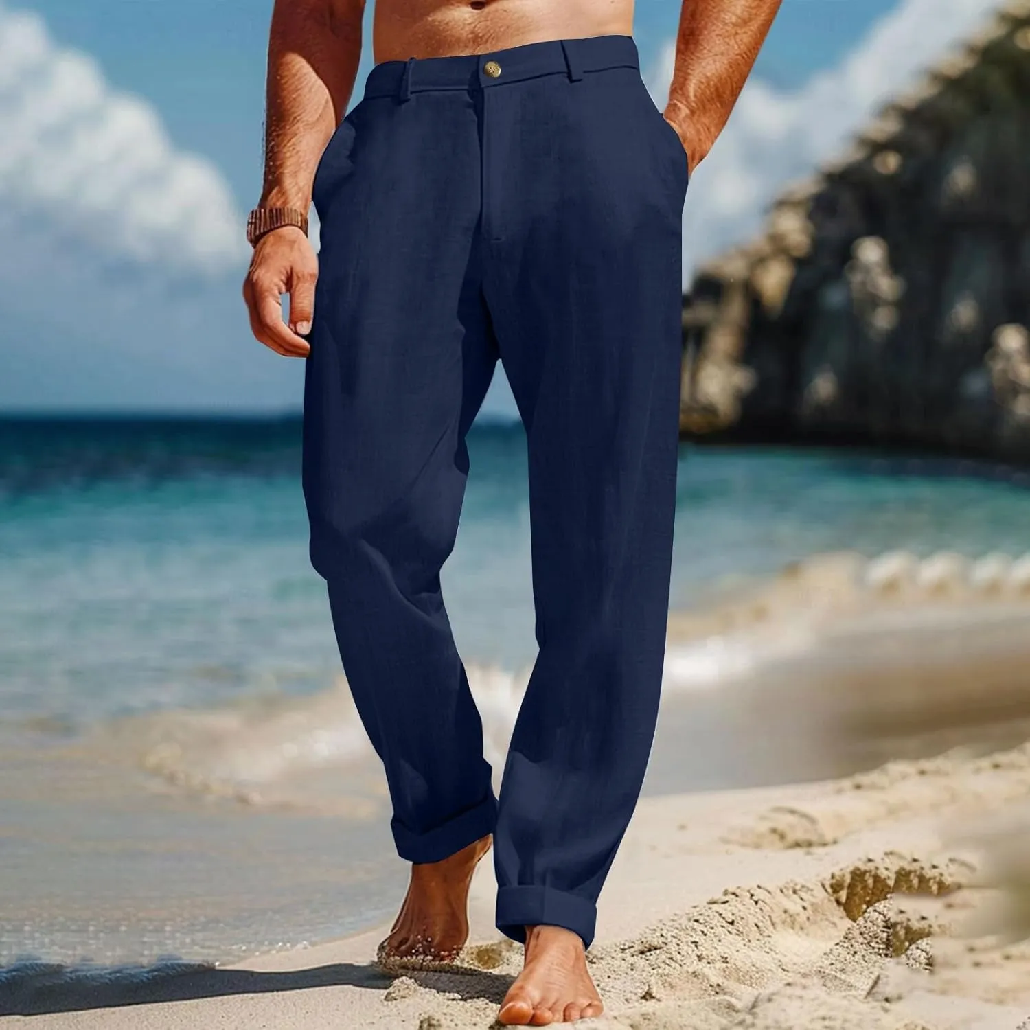 Men's Linen Pants Loose Fit Casual Summer Office Business Dress Pant Lightweight Baggy Beach Plain Vacation Trousers
