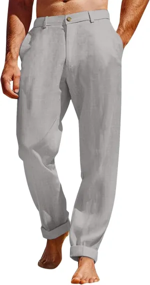 Men's Linen Pants Loose Fit Casual Summer Office Business Dress Pant Lightweight Baggy Beach Plain Vacation Trousers