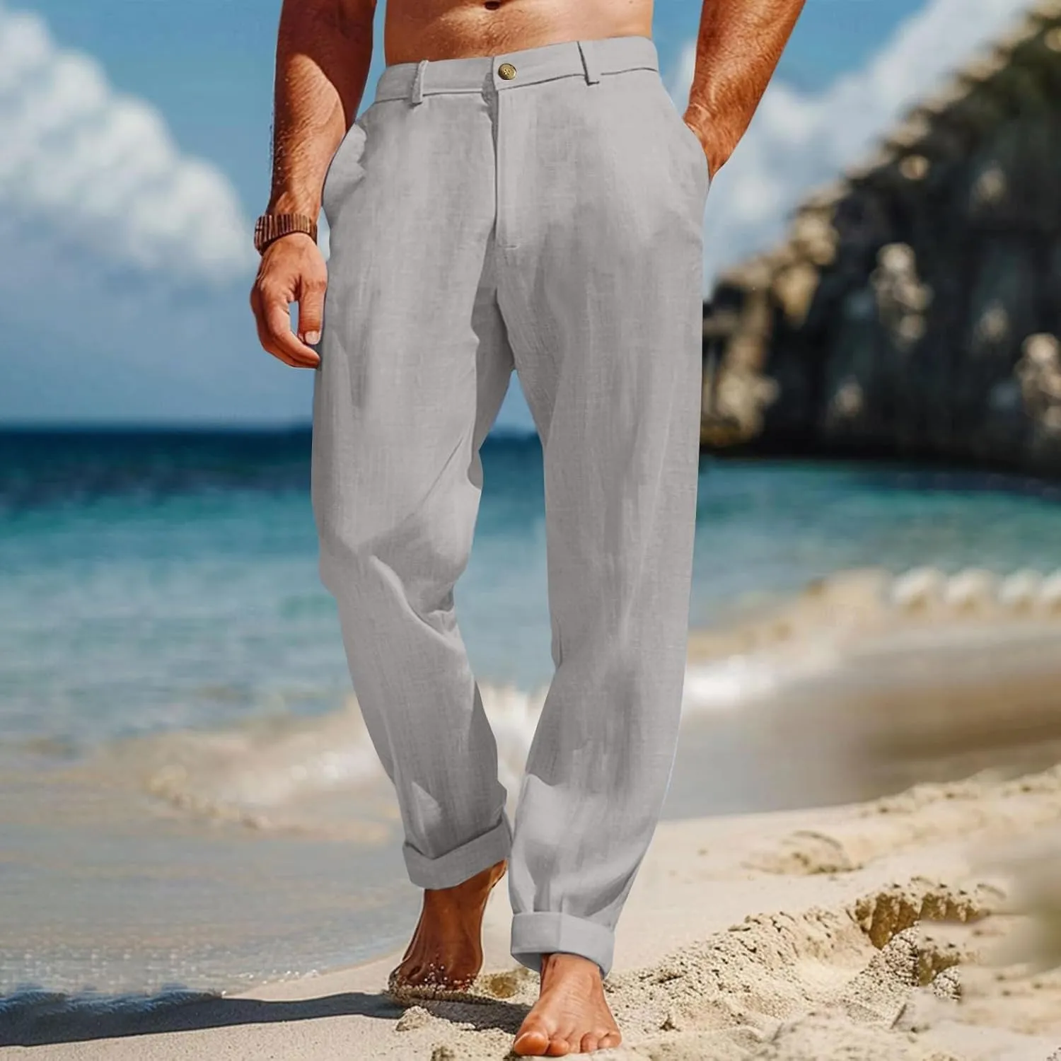 Men's Linen Pants Loose Fit Casual Summer Office Business Dress Pant Lightweight Baggy Beach Plain Vacation Trousers