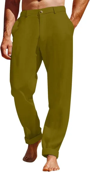Men's Linen Pants Loose Fit Casual Summer Office Business Dress Pant Lightweight Baggy Beach Plain Vacation Trousers