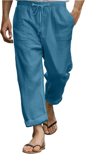 Men's Linen Pants Trendy Summer Elastic Waist Straight Leg Plain Pant Breathable Long Length Dailywear Beach Trousers