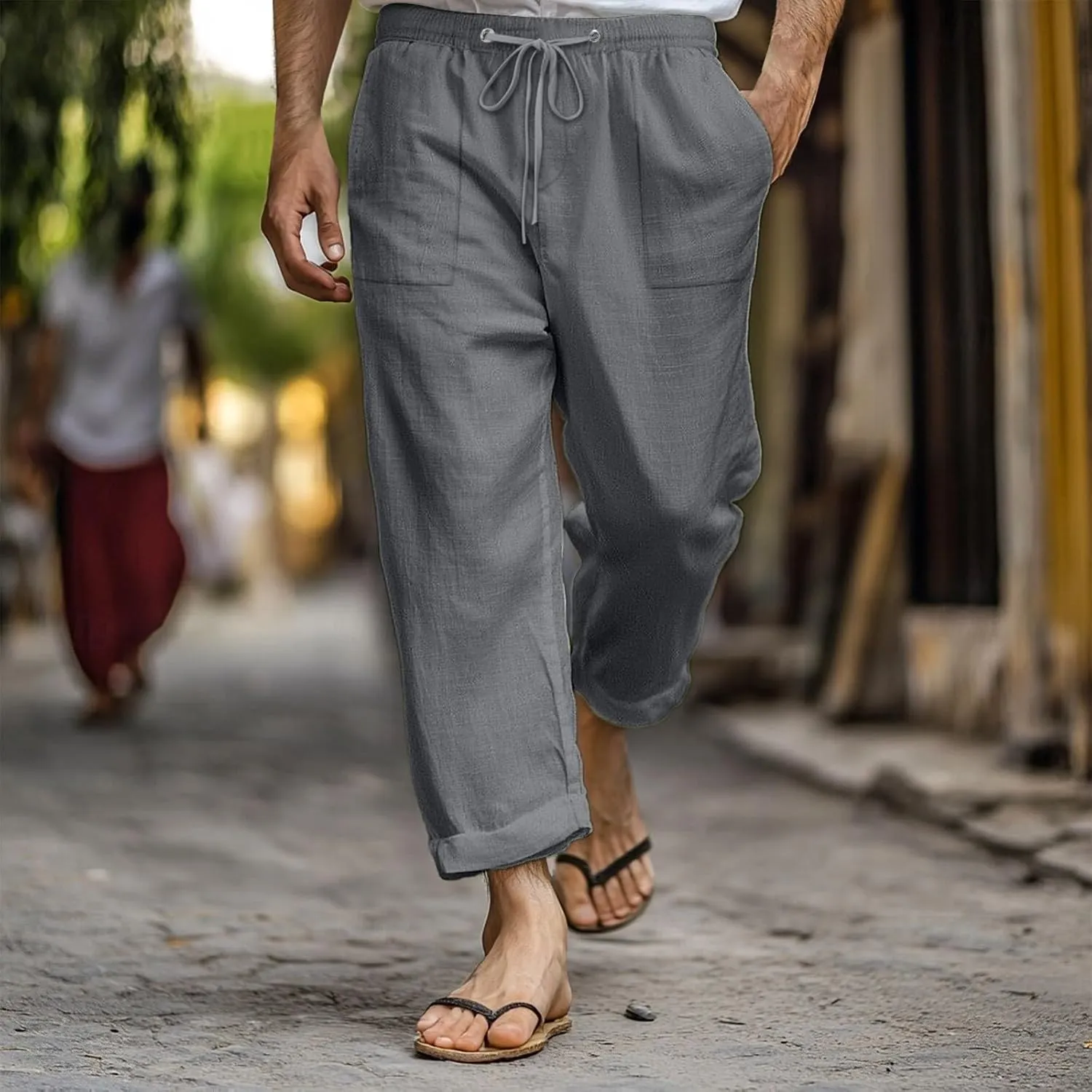 Men's Linen Pants Trendy Summer Elastic Waist Straight Leg Plain Pant Breathable Long Length Dailywear Beach Trousers