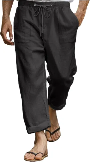 Men's Linen Pants Trendy Summer Elastic Waist Straight Leg Plain Pant Breathable Long Length Dailywear Beach Trousers