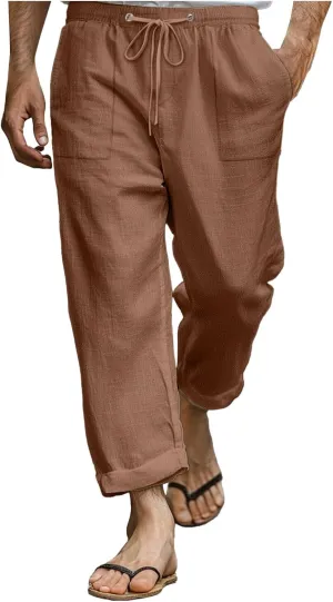 Men's Linen Pants Trendy Summer Elastic Waist Straight Leg Plain Pant Breathable Long Length Dailywear Beach Trousers
