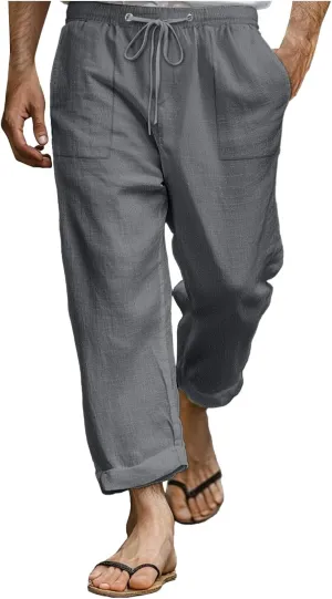 Men's Linen Pants Trendy Summer Elastic Waist Straight Leg Plain Pant Breathable Long Length Dailywear Beach Trousers