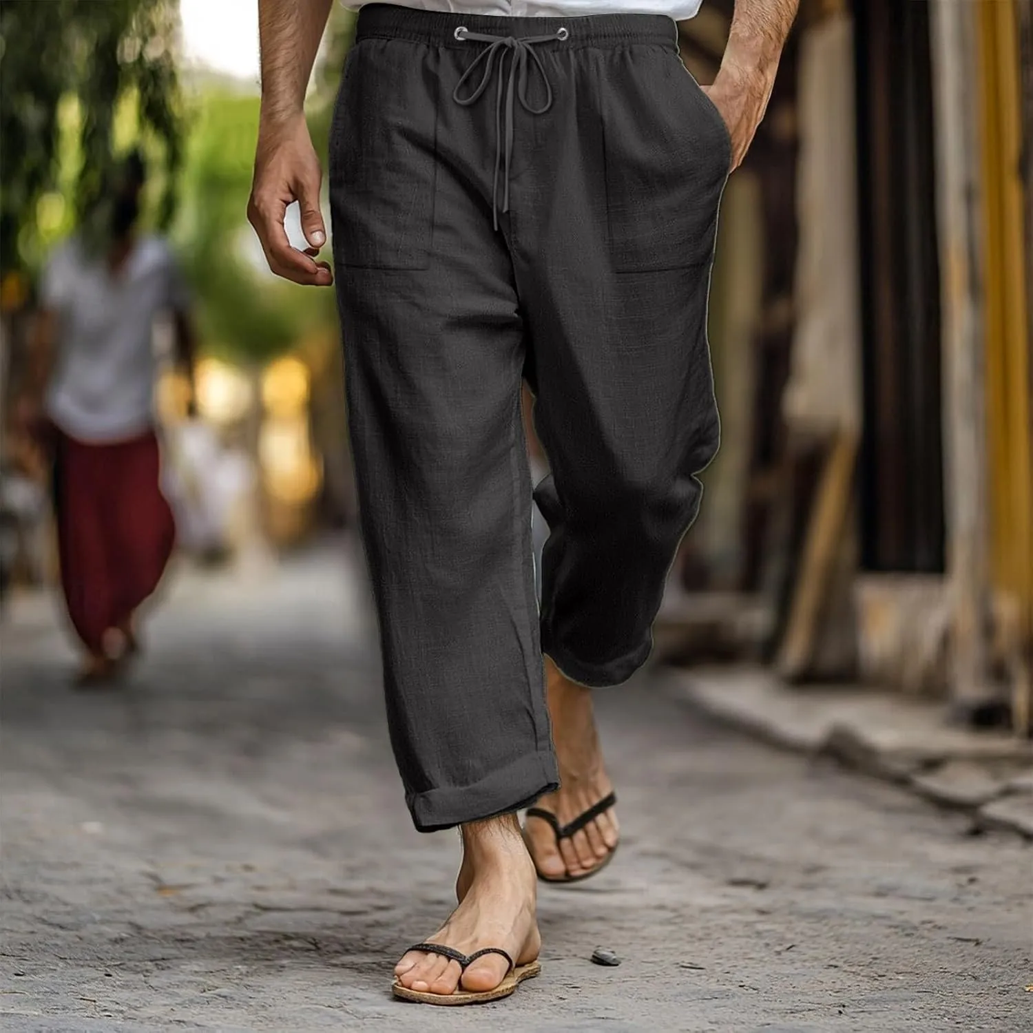 Men's Linen Pants Trendy Summer Elastic Waist Straight Leg Plain Pant Breathable Long Length Dailywear Beach Trousers