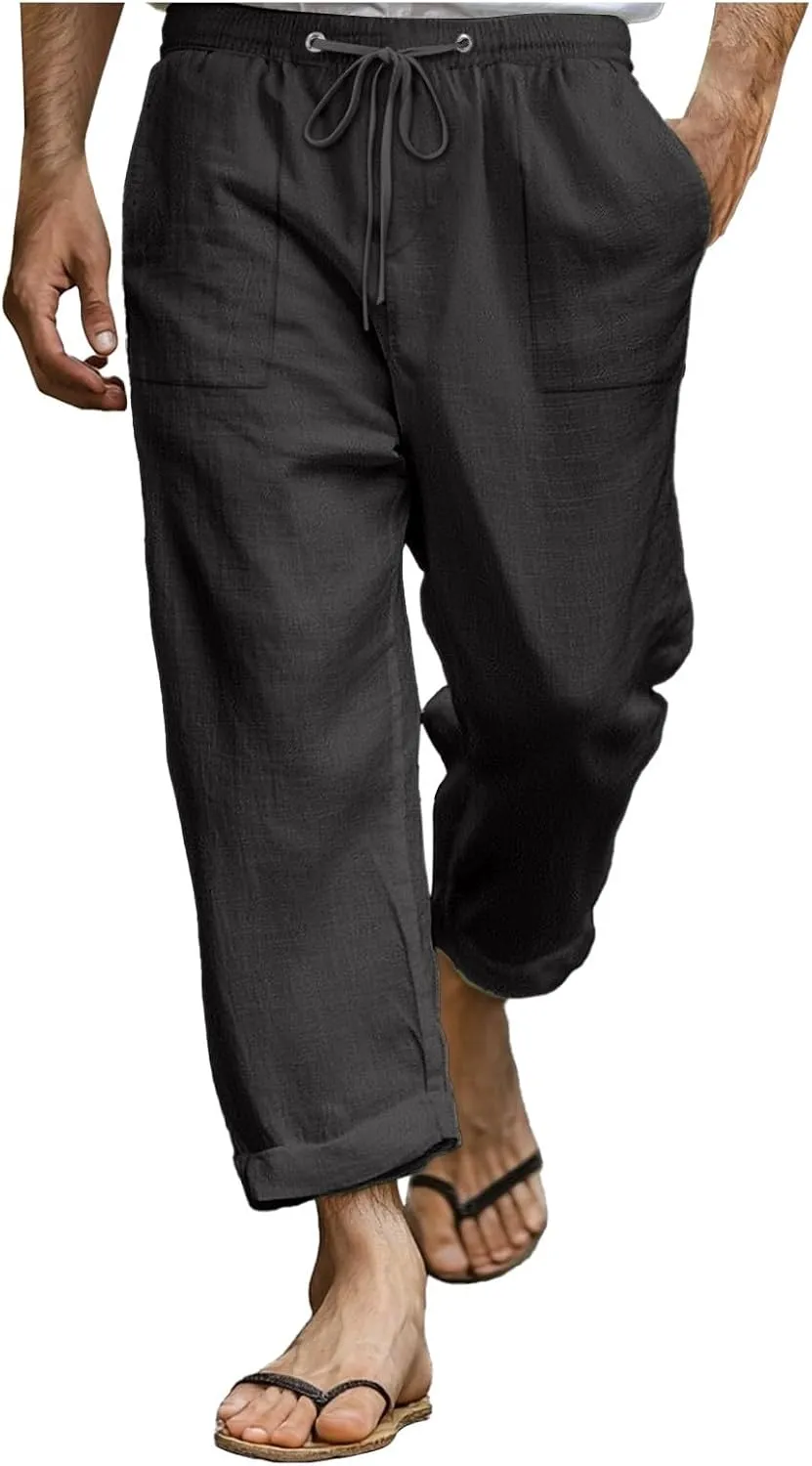 Men's Linen Pants Trendy Summer Elastic Waist Straight Leg Plain Pant Breathable Long Length Dailywear Beach Trousers