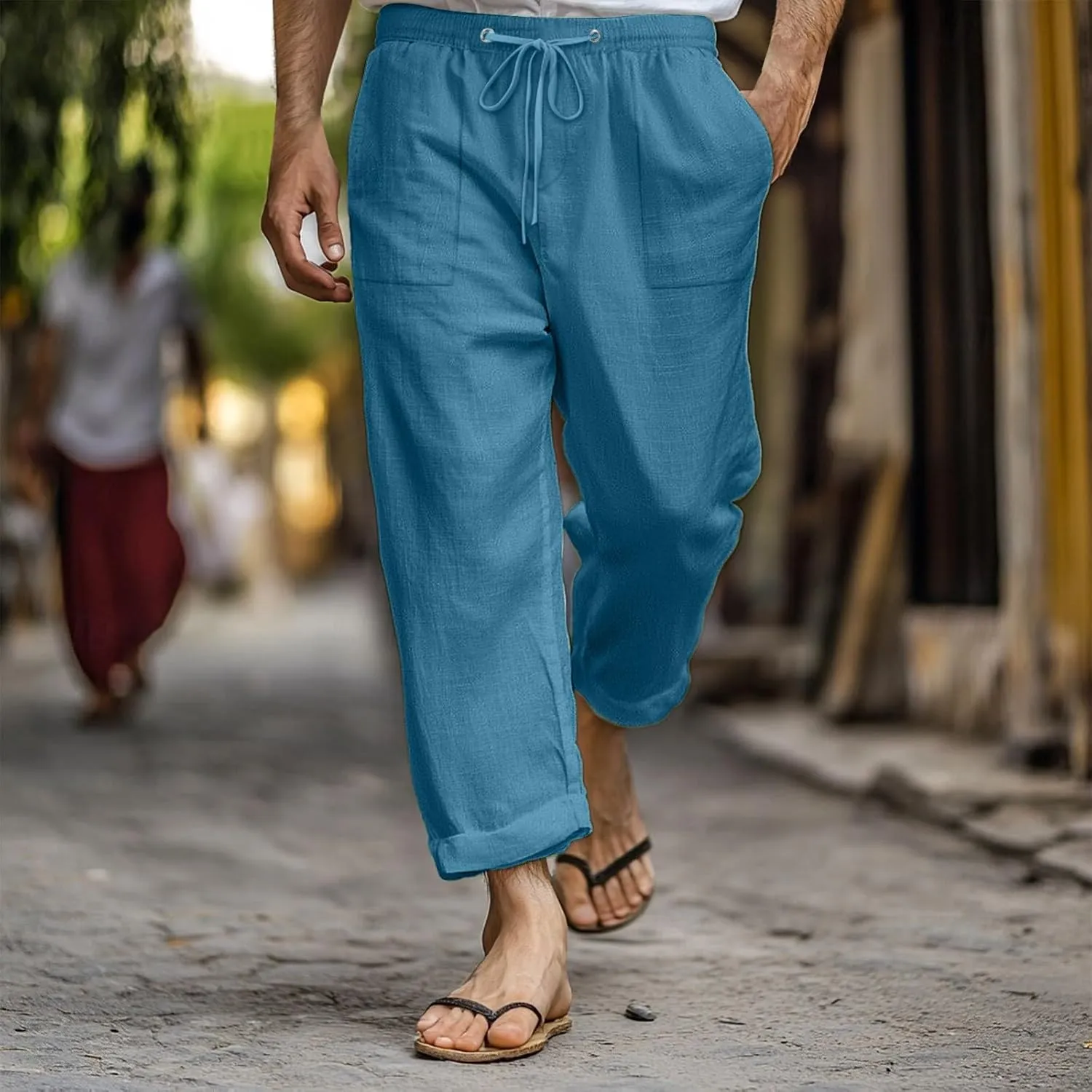 Men's Linen Pants Trendy Summer Elastic Waist Straight Leg Plain Pant Breathable Long Length Dailywear Beach Trousers