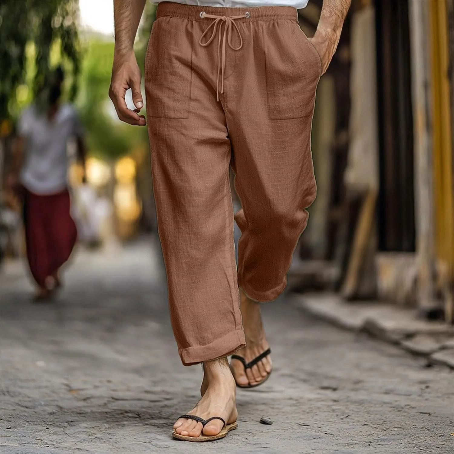 Men's Linen Pants Trendy Summer Elastic Waist Straight Leg Plain Pant Breathable Long Length Dailywear Beach Trousers