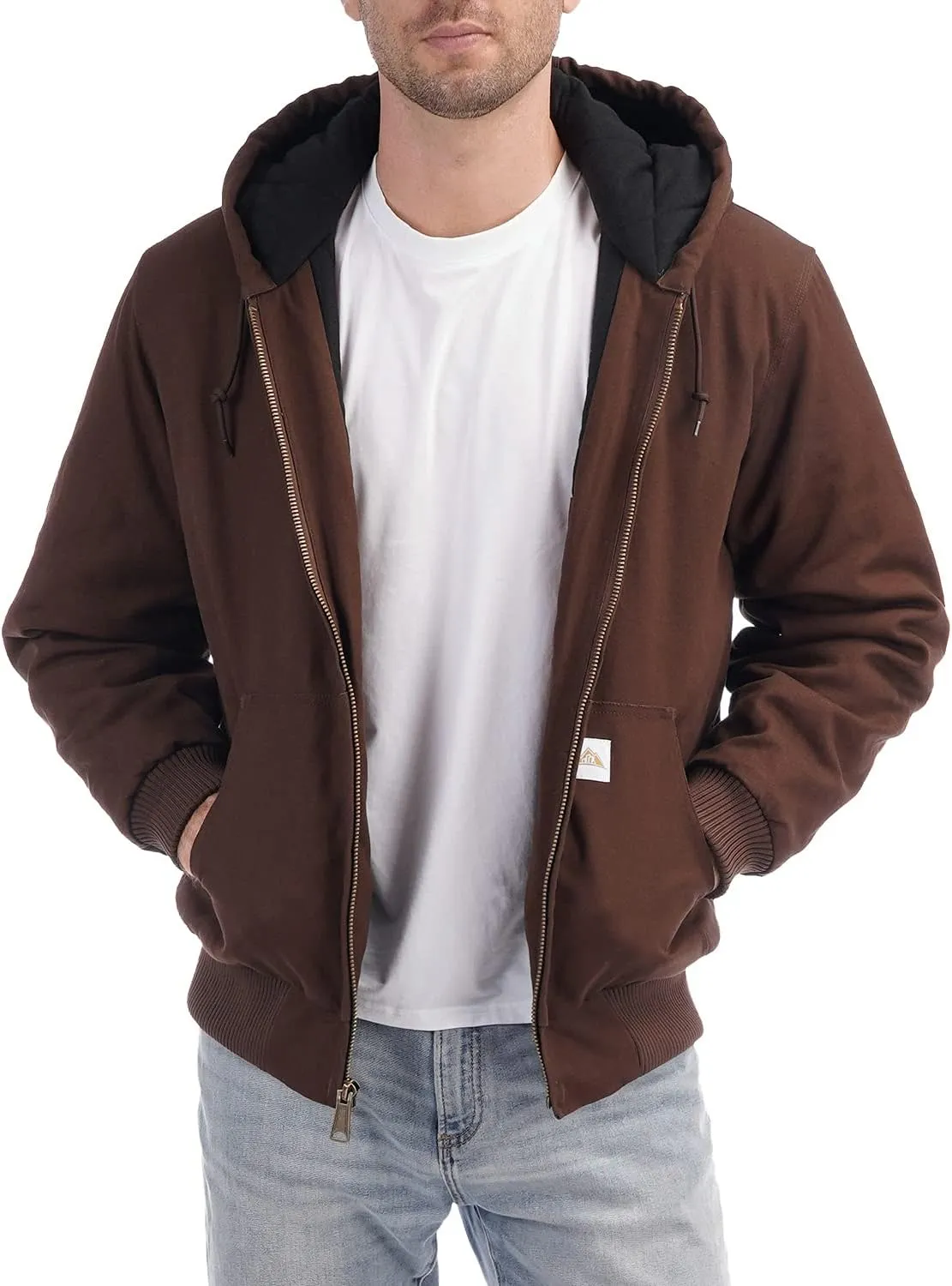 Men's Loose Fit Quilted Flannel Lined Workwear Waterproof Active Jacket Hooded Work Coat