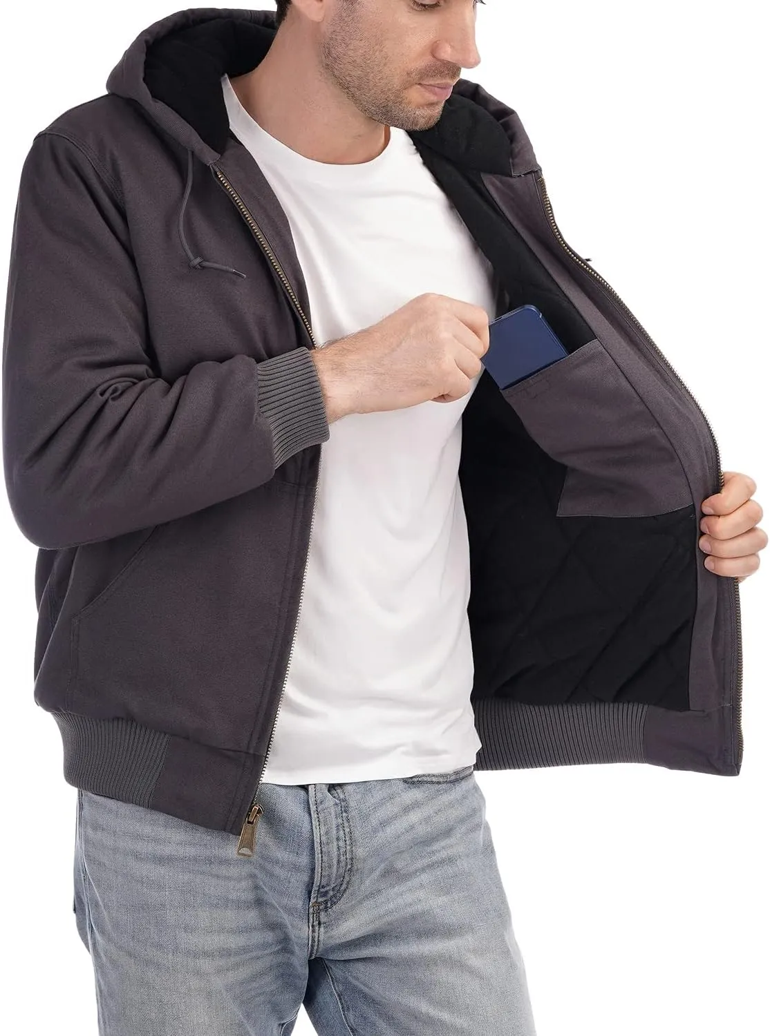 Men's Loose Fit Quilted Flannel Lined Workwear Waterproof Active Jacket Hooded Work Coat