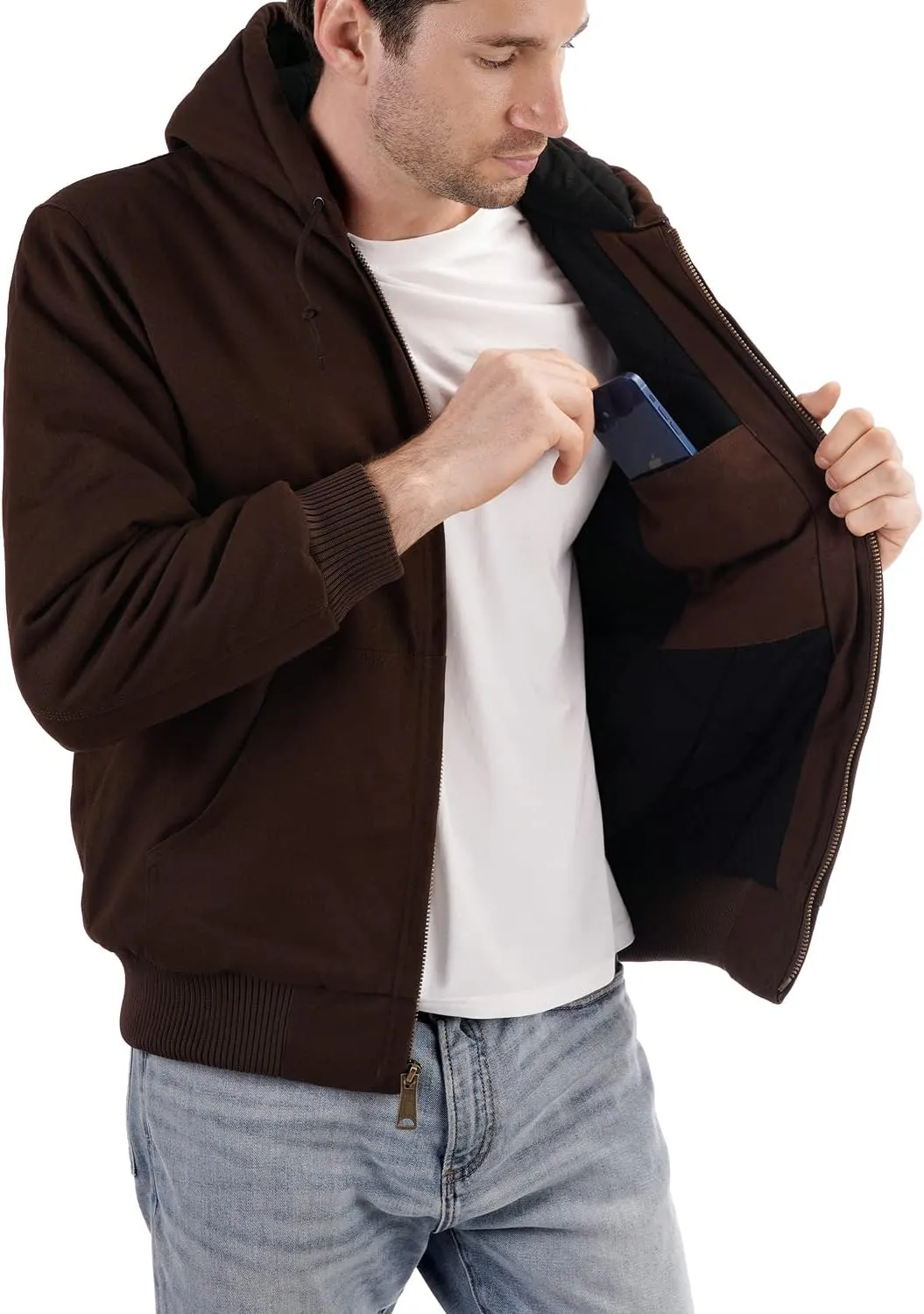 Men's Loose Fit Quilted Flannel Lined Workwear Waterproof Active Jacket Hooded Work Coat