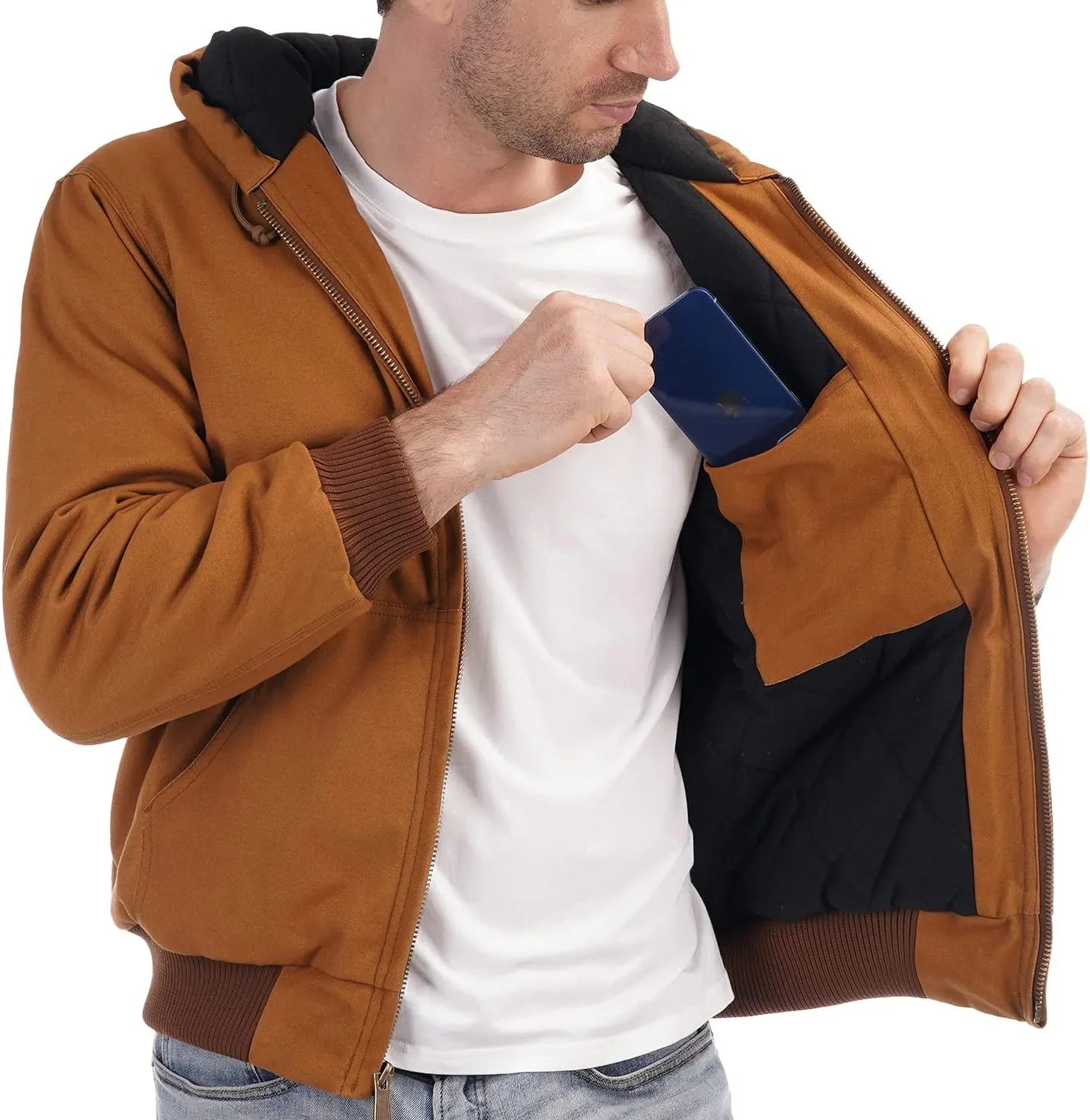 Men's Loose Fit Quilted Flannel Lined Workwear Waterproof Active Jacket Hooded Work Coat