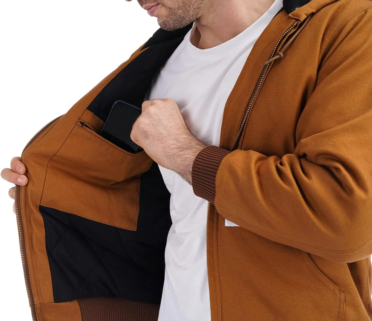 Men's Loose Fit Quilted Flannel Lined Workwear Waterproof Active Jacket Hooded Work Coat