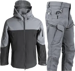 Men's Miltary Training Set Fashion Shark Skin Hooded Jacket Soft Shell Fleece Pant Suit Outdoor Mountain Camp Outfits