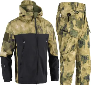 Men's Miltary Training Set Fashion Shark Skin Hooded Jacket Soft Shell Fleece Pant Suit Outdoor Mountain Camp Outfits