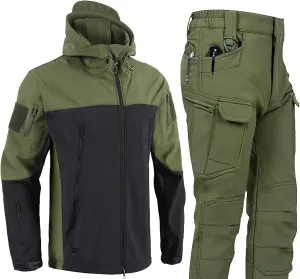 Men's Miltary Training Set Fashion Shark Skin Hooded Jacket Soft Shell Fleece Pant Suit Outdoor Mountain Camp Outfits