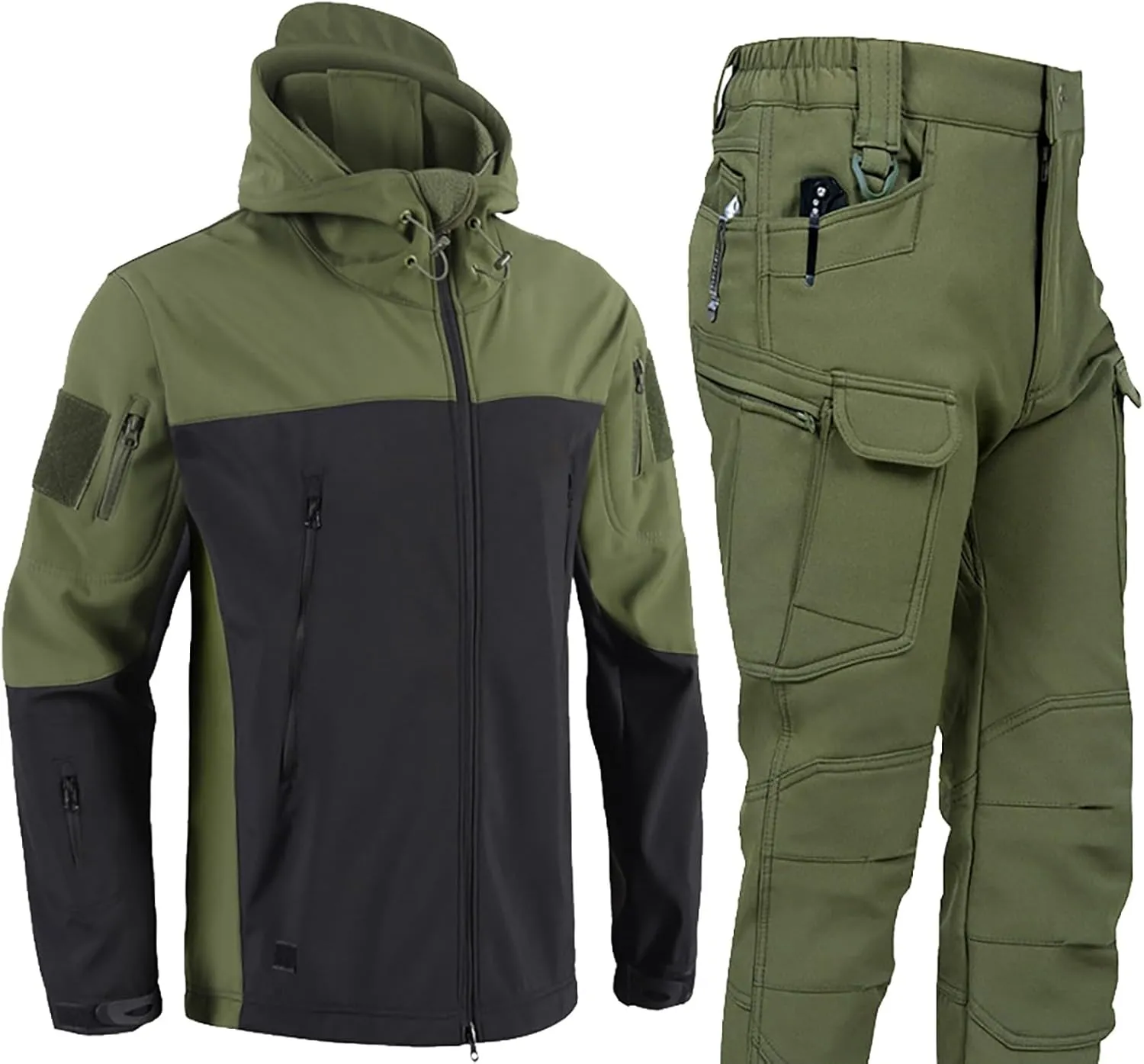 Men's Miltary Training Set Fashion Shark Skin Hooded Jacket Soft Shell Fleece Pant Suit Outdoor Mountain Camp Outfits