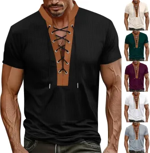 Mens Polo T-Shirts Workout Lace Up Drawstring Top Hawaiian Strappy Solid T Shirt V-Neck Fit Summer Henley Shirts