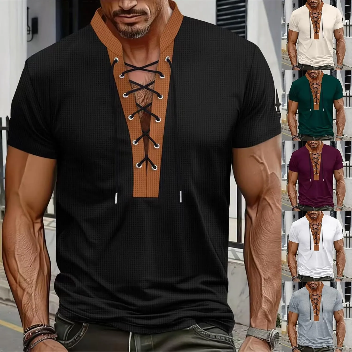 Mens Polo T-Shirts Workout Lace Up Drawstring Top Hawaiian Strappy Solid T Shirt V-Neck Fit Summer Henley Shirts