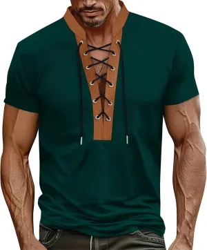 Mens Polo T-Shirts Workout Lace Up Drawstring Top Hawaiian Strappy Solid T Shirt V-Neck Fit Summer Henley Shirts