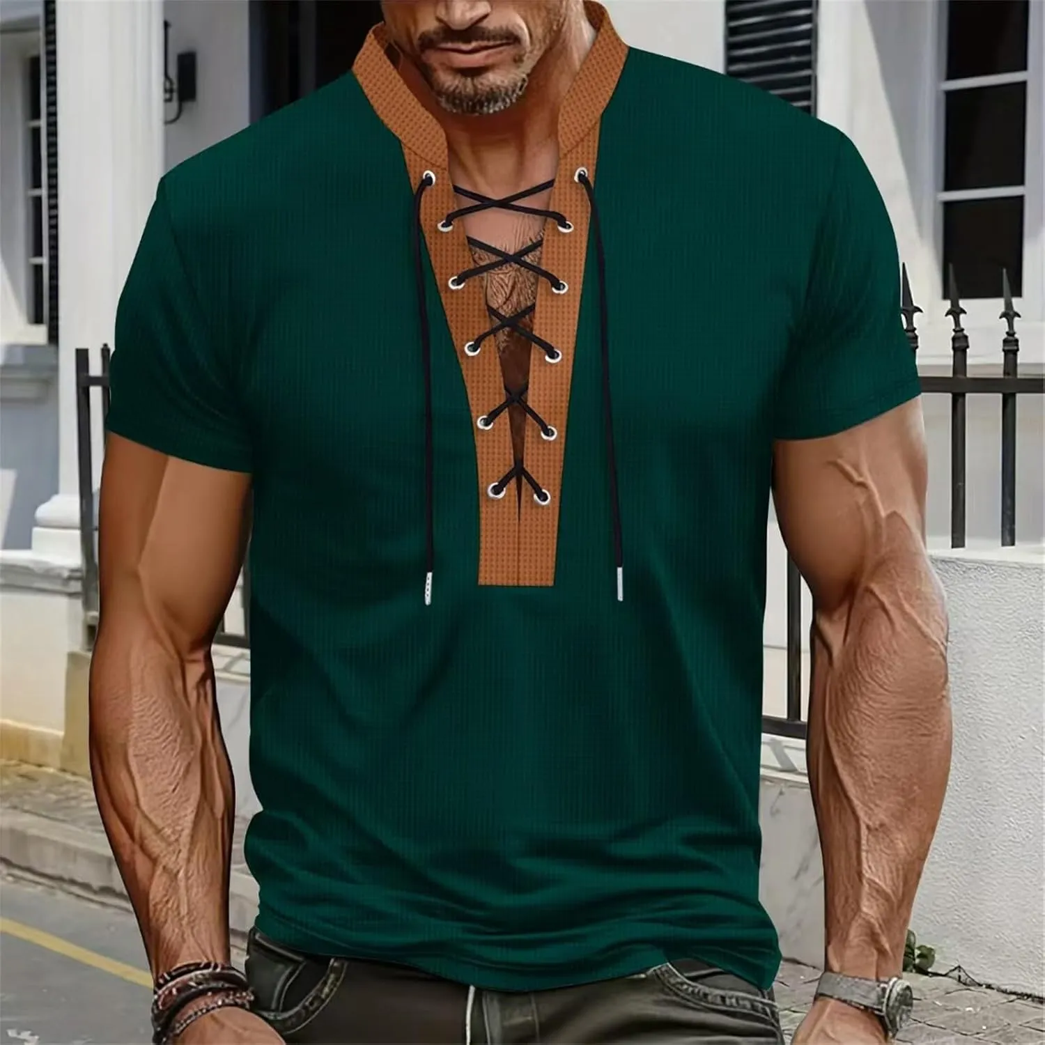 Mens Polo T-Shirts Workout Lace Up Drawstring Top Hawaiian Strappy Solid T Shirt V-Neck Fit Summer Henley Shirts