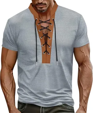 Mens Polo T-Shirts Workout Lace Up Drawstring Top Hawaiian Strappy Solid T Shirt V-Neck Fit Summer Henley Shirts