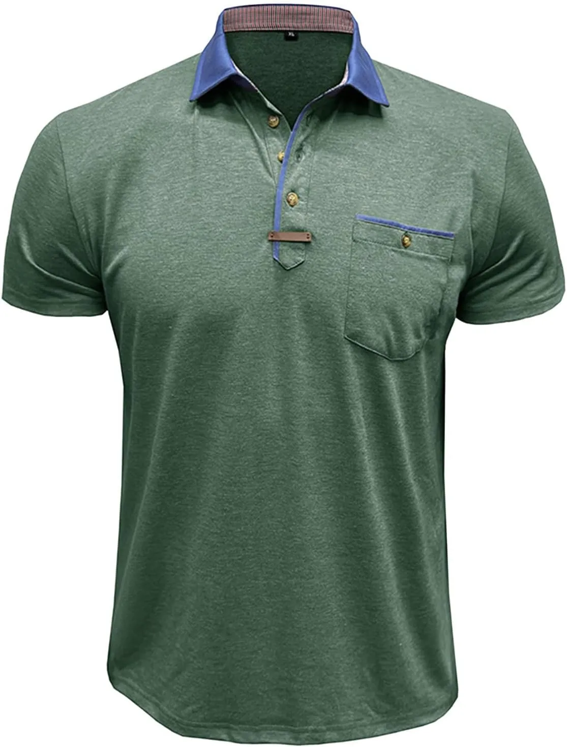 Men's Regular Fit Casual Short Sleeve Vintage Dual Tipped Collar Button Down Polo Shirt Golf Tee Shirts with Pocket