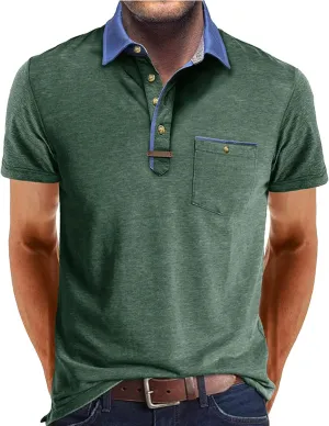 Men's Regular Fit Casual Short Sleeve Vintage Dual Tipped Collar Button Down Polo Shirt Golf Tee Shirts with Pocket